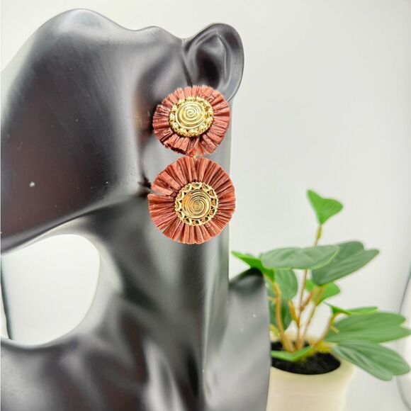 Boho Double Disc Statement Earrings — Warm Terracotta & Gold - Picture 5 of 7
